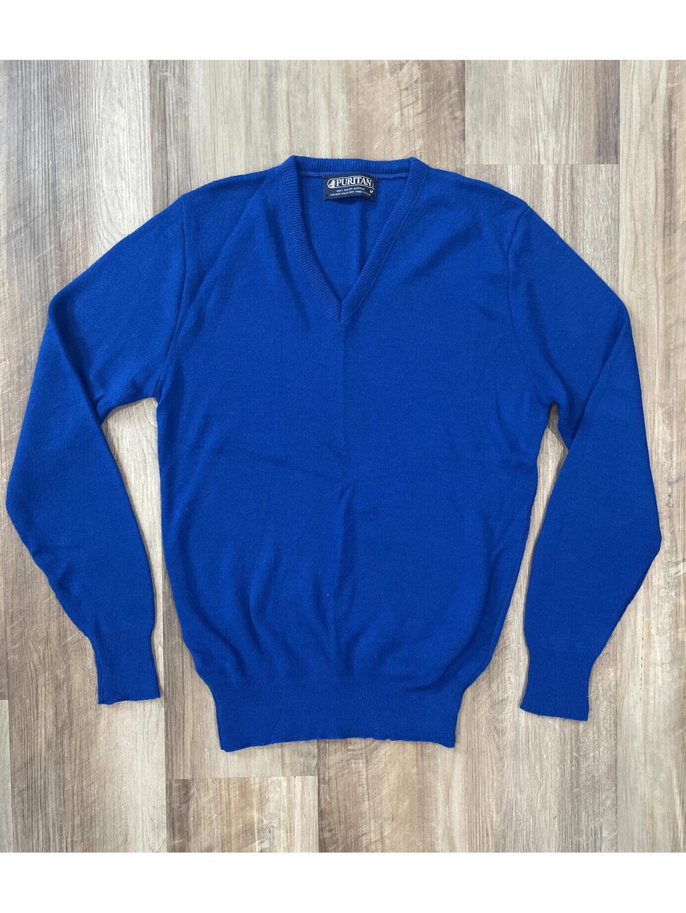 Vintage Puritan Royal Blue Knit V-Neck Pullover Sweater Adult Size M Made in USA